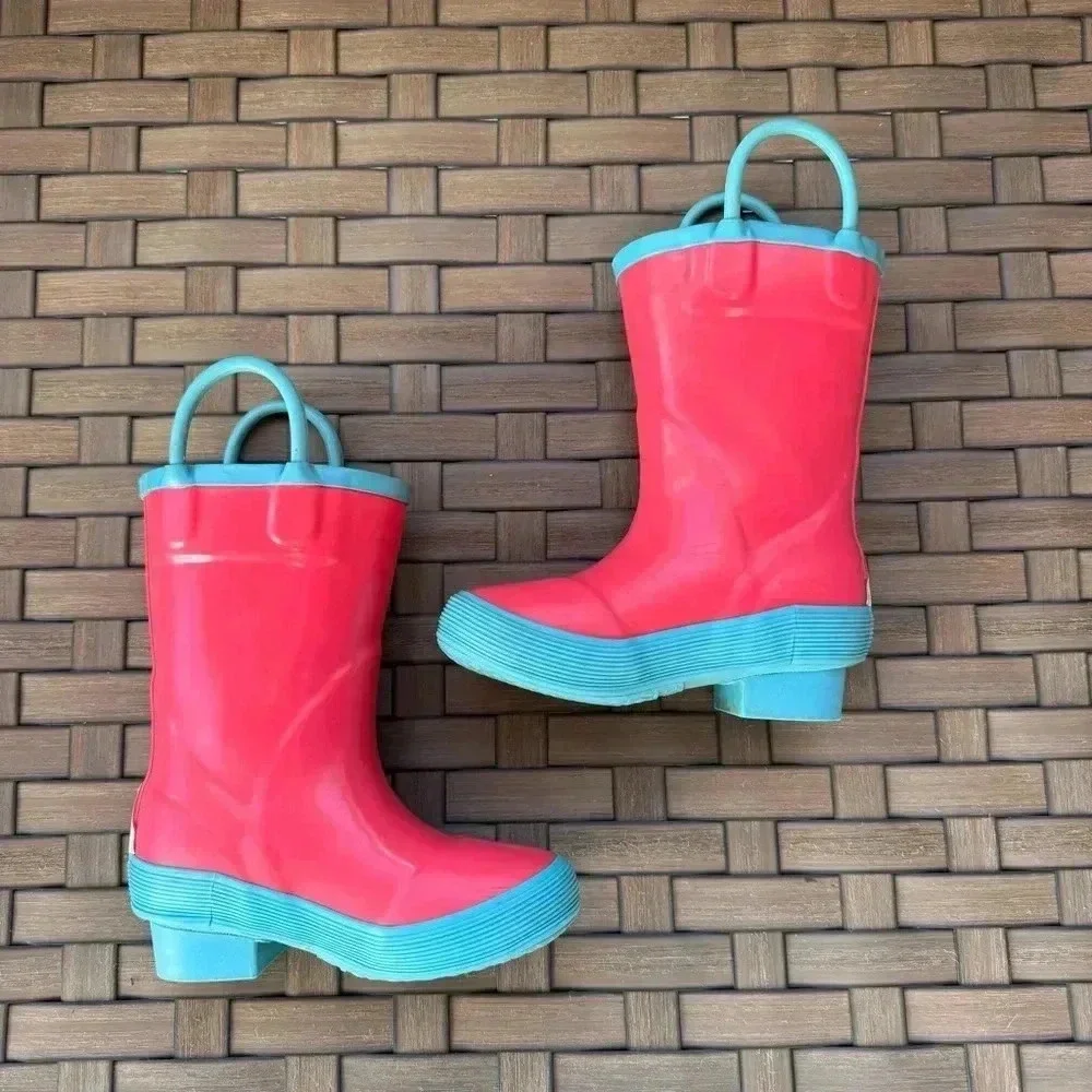 L.L. Bean Kids Bright Pink and Aqua Rain Boots - Picture 2 of 6